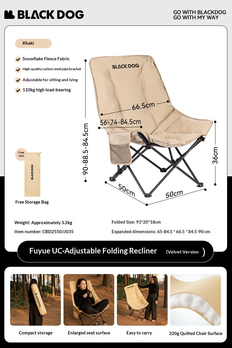 Blackdog FLOATING MOON Foam Padded Adjustable Recliner Folding Cotton Camping Lounge Chair Carbon Steel Leisure Outdoor Picnic Thicken