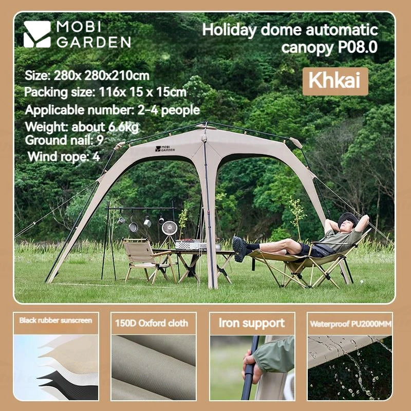 MOBI GARDEN Holiday Dome Automatic Canopy P08.0 Awning Tent Lotus Leaf Waterproof UPF50+ Black Coating Sunshade 4-6 Person Quick Opening Vinyl 10㎡