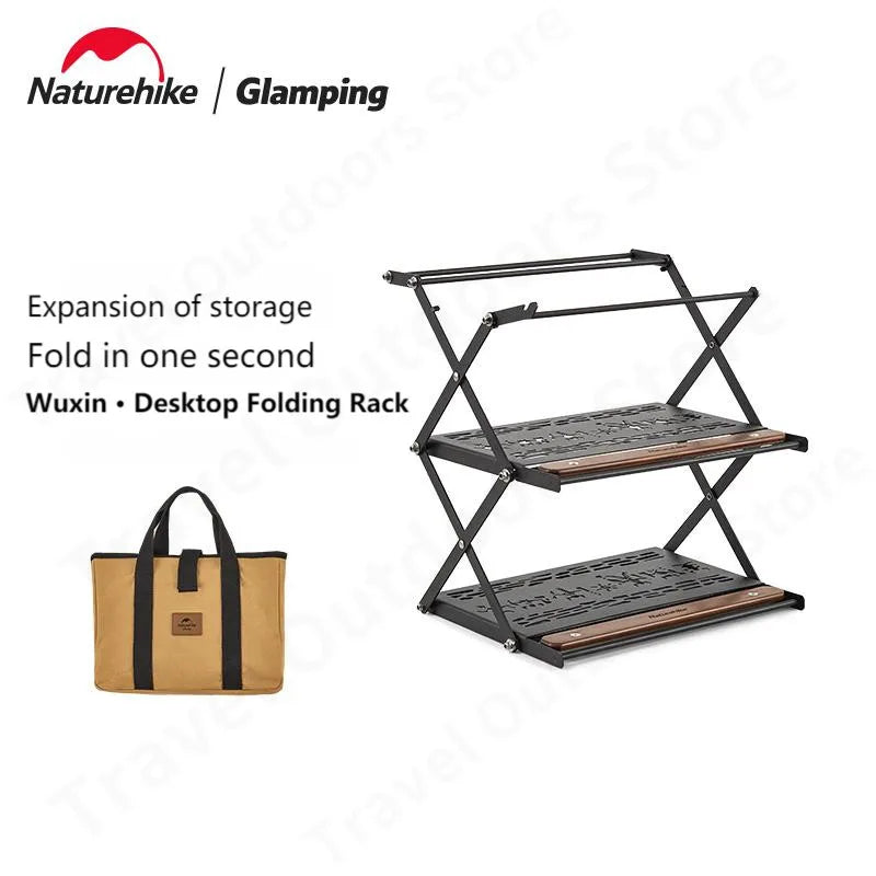 Naturehike Desktop Folding Shelf Portable Retro Camping Stainless Steel Double Storage Rack Foldable 2 Plies Waterproof Table Shelf Rack with Lamp Hook Tabletop Shelves Outdoor