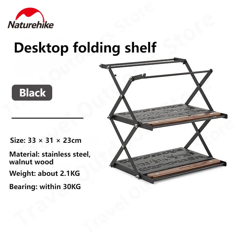 Naturehike Desktop Folding Shelf Portable Retro Camping Stainless Steel Double Storage Rack Foldable 2 Plies Waterproof Table Shelf Rack with Lamp Hook Tabletop Shelves Outdoor