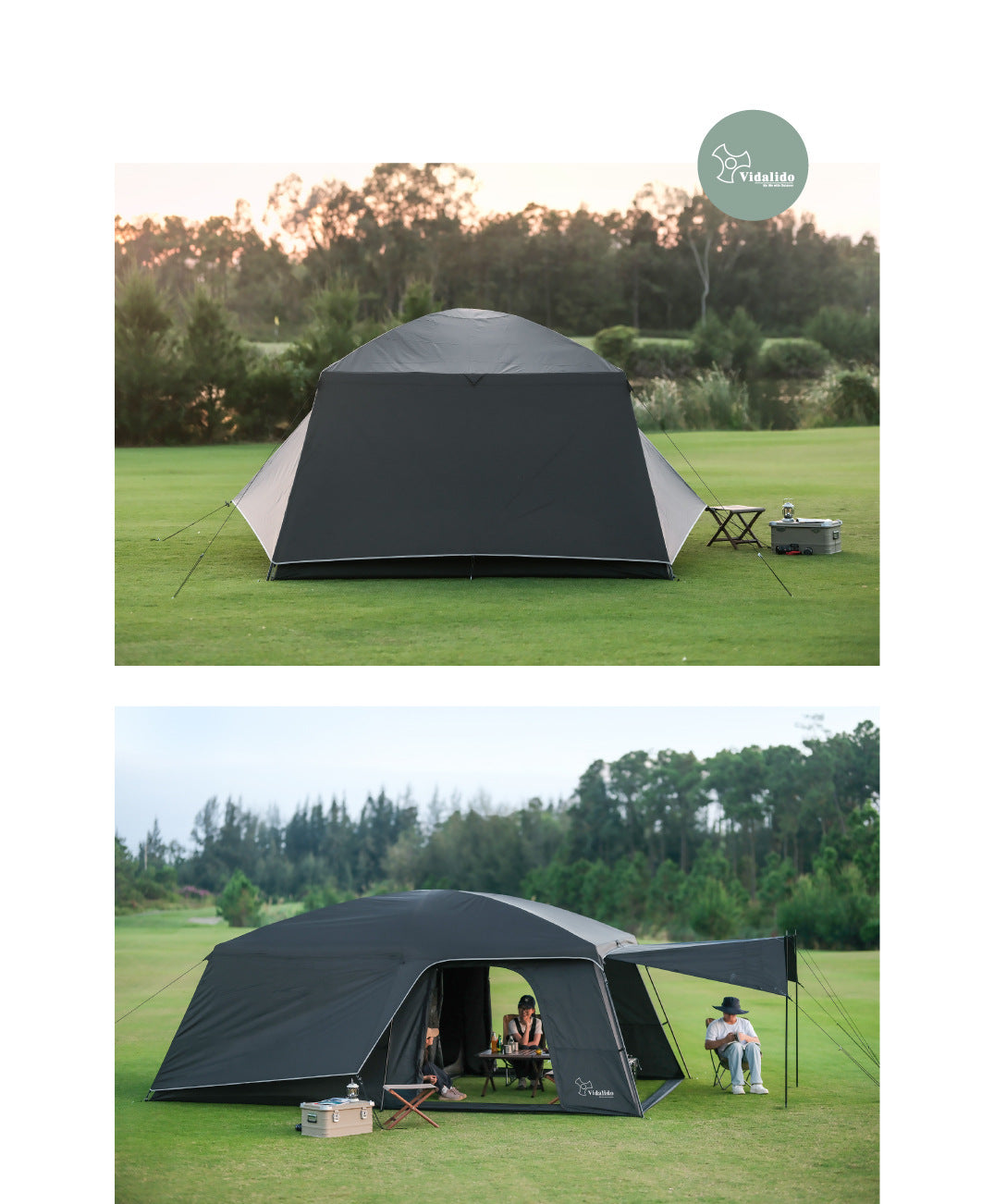 Vidalido POON SAAN PRO Portable 8-10 Person Banshan Villa Extra Large Semi-Automatic Cabin Style Black Tent Outdoor Camping 15m² Interior Space 2 Bedroom Waterproof 150D Titanium Silver Coated Sunscreen