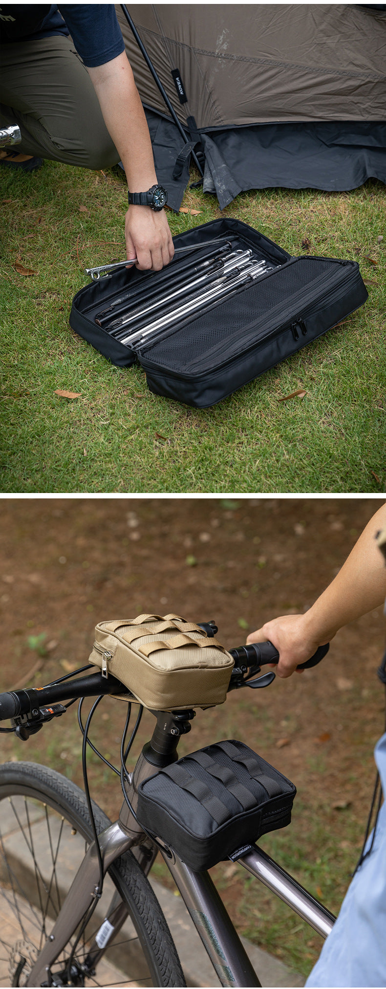 Campingmoon BK-15/40 Tactical Storage Bag Portable Outdoor Camping Equipment Tools Double Layer Storage Peg Stakes Hammer Rope Organizer Black Khaki