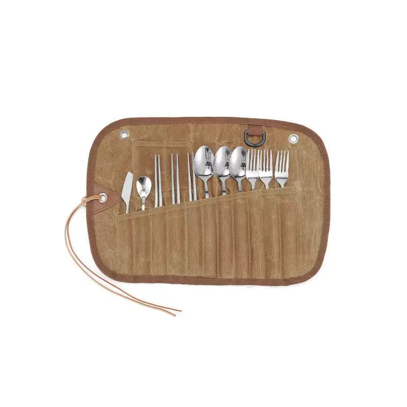Portable Camping Cutlery Set 12/15PCS Bamboo Handle Spoon Fork Knife Chopsticks with Canvas Storage Organizer Outdoor Picnic Tableware