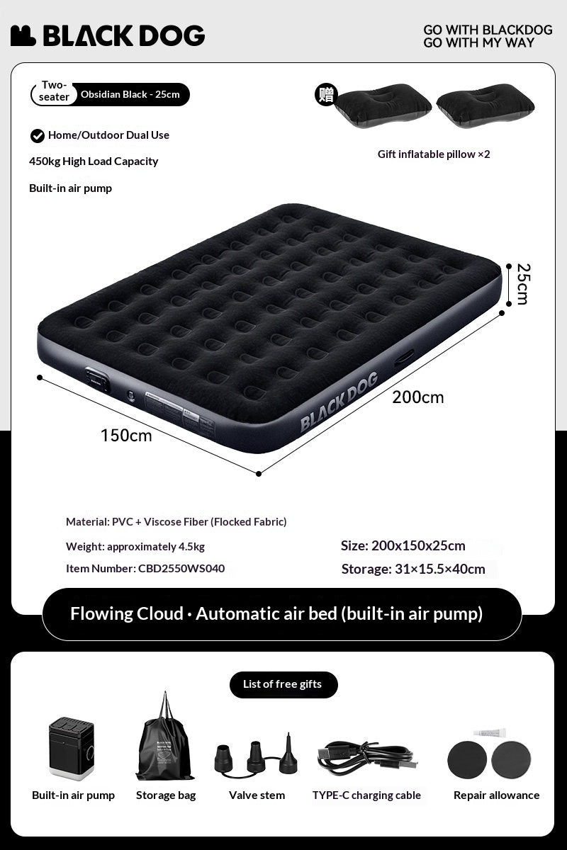 Blackdog CLOUD NEST Automatic Air Inflatable Bed Sleeping Pad 1-2 Persons Camping Home Use Single Queen Size Mattress Built-in Electric USB Charging Air Pump Lamp