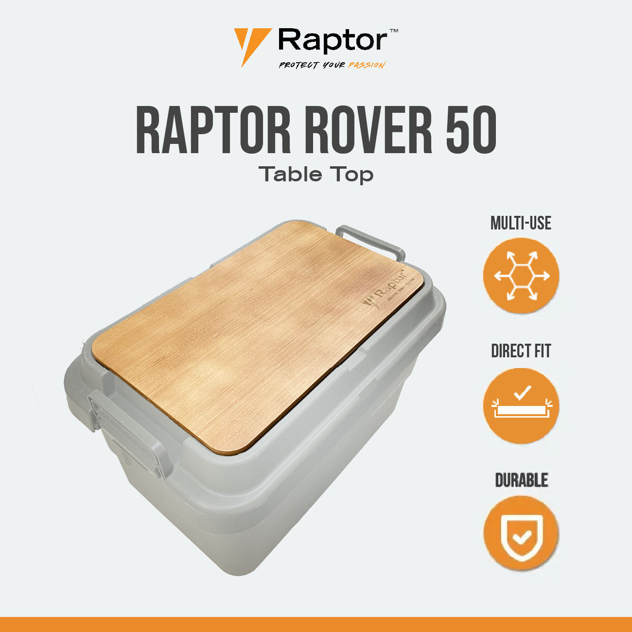 Raptor ROVER Series Storage Rig Box Multipurpose Organizer 30L 50L 70L Large Capacity Reinforced Grid Lid Stackable & Nesting Design Wood Tabletop