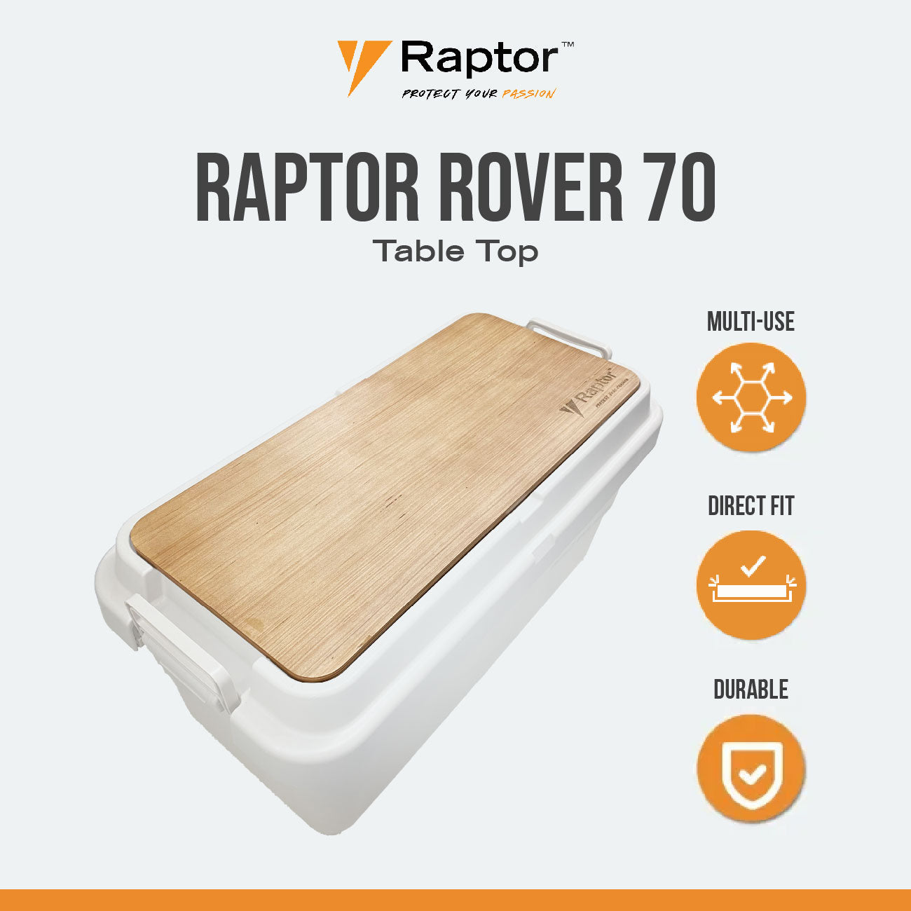 Raptor ROVER Series Storage Rig Box Multipurpose Organizer 30L 50L 70L Large Capacity Reinforced Grid Lid Stackable & Nesting Design Wood Tabletop