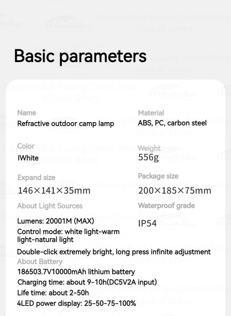 Naturehike Refractive Outdoor Camp Lamp Portable Folding Multi-shape Light Rechargeable Tent Lamp Waterproof Hanging USB LED Lantern Hook Flashlight