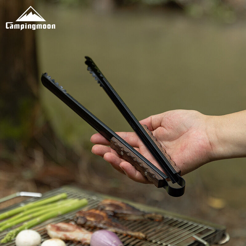 Campingmoon BKMS-40L 12-Inch Crocodile Meat Clip Stainless Steel BBQ Anti-Scalding Wooden Handle
