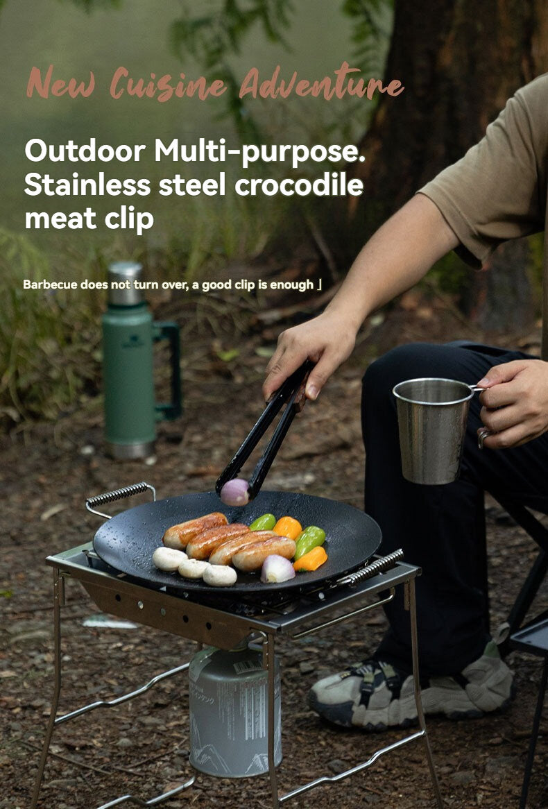 Campingmoon BKMS-40L 12-Inch Crocodile Meat Clip Stainless Steel BBQ Anti-Scalding Wooden Handle