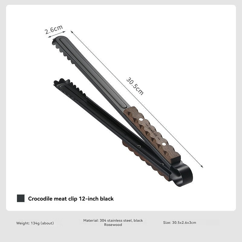 Campingmoon BKMS-40L 12-Inch Crocodile Meat Clip Stainless Steel BBQ Anti-Scalding Wooden Handle