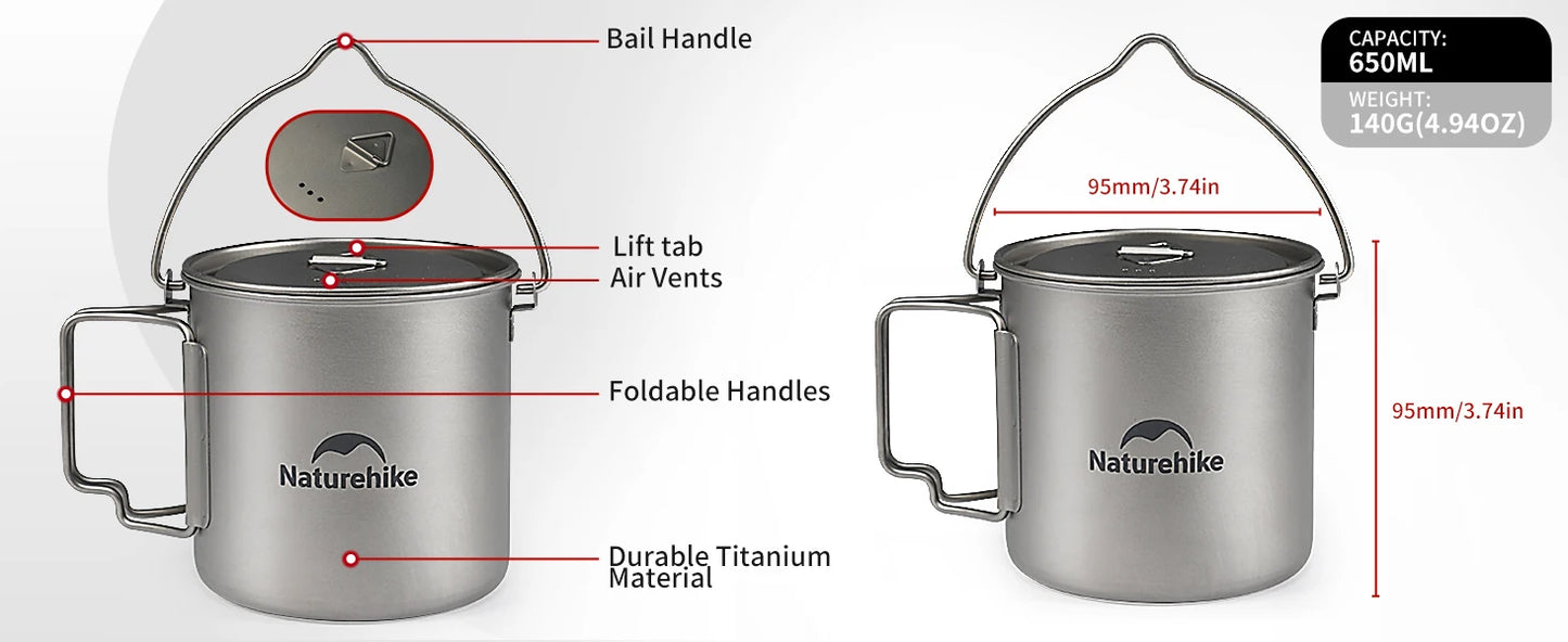 Naturehike Titanium Backpacking Cup / Pot Portable Ultralight Titanium Cup Outdoor Water Cup Cookware Mug with Foldable Handle Camping Equipment