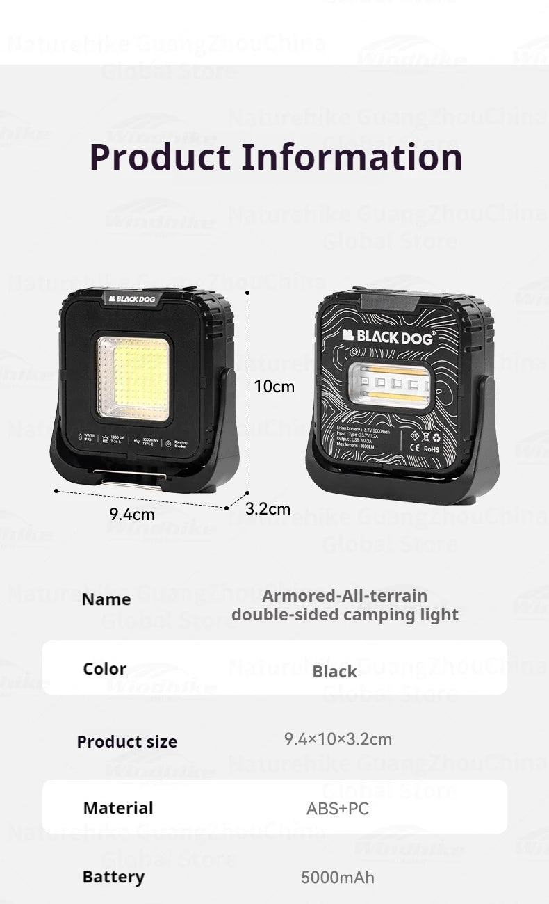 Blackdog All Terrain Double-Sided Camping Light Waterproof IPX5 Rechargeable Emergency Lamp 1000lm 5000mAh Long Battery Light Outdoor Lighting