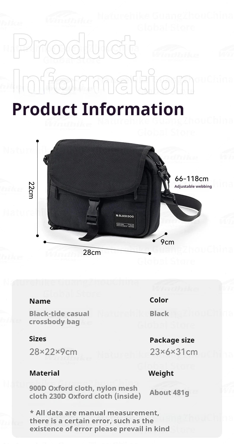 Blackdog Crossbody Shoulder Bag Portable Ultralight Multifunctional Black Casual Shoulder Bag Large Capacity Sundries Bag Unisex Camping Hiking Picnic Beach Sport Travel Heavy Duty Original Black Dog