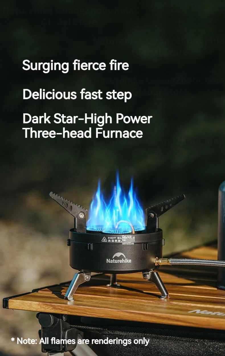 Naturehike DARK STAR Three Head Stove Camping 3300W High Power IGT Gas Stove Portable Foldable Ultralight Burner Furnance Cooker Heater Outdoor Hiking Beach Picnic Travel Heavy Duty Original Nature Hike