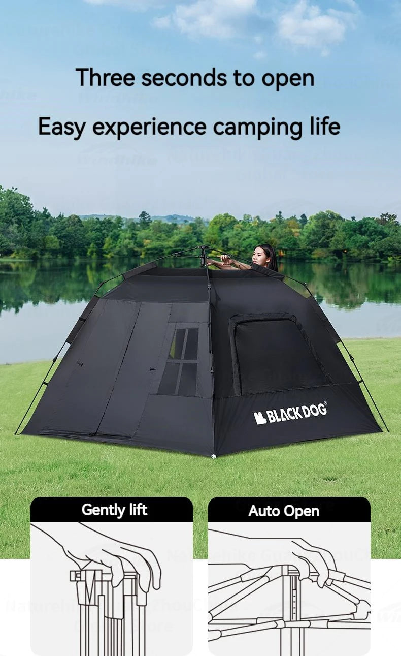 BLACKDOG BLACK Automatic Tent Outdoor Camping 3-4 Persons Portable Dome Tent Quick Opening Black Coating Vinyl Sunproof Waterproof Large Space Tent