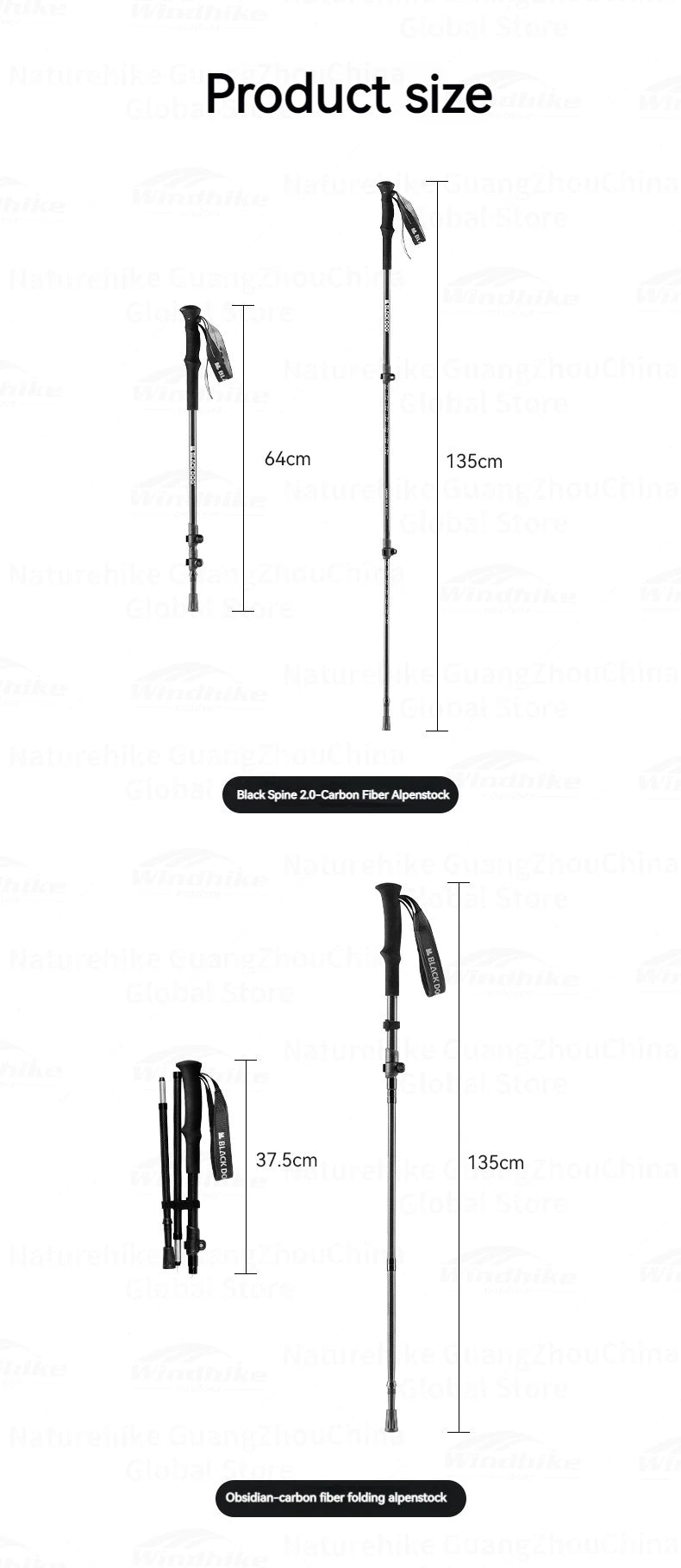 BLACKDOG Carbon Fiber Trekking Pole Portable Ultralight Three Section Folding / Telescopic Walking Hiking Anti-Skid Stick Adjustable Climbing Cane Rod 1pc