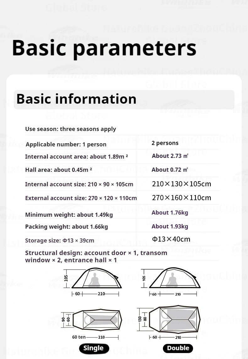 Naturehike Cloud Up Base Tent Portable Ultralight Double Layer 1-2 Person Sun Shelter Backpacking Tent Waterproof Windproof 210T Nylon Camping Outdoor Hiking Trekking Heavy Duty Original Nature Hike