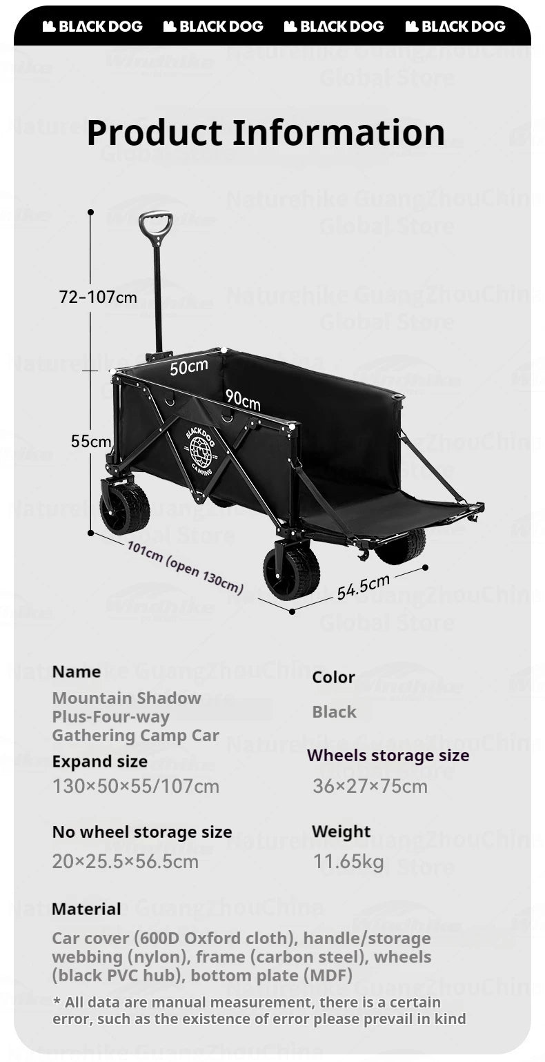 BLACKDOG Mountain Shadow Plus Camping Cart Portable Folding Cart With Brake Wheels Detachable Large Capacity Utility Wagon Outdoor Collapsible Trolley