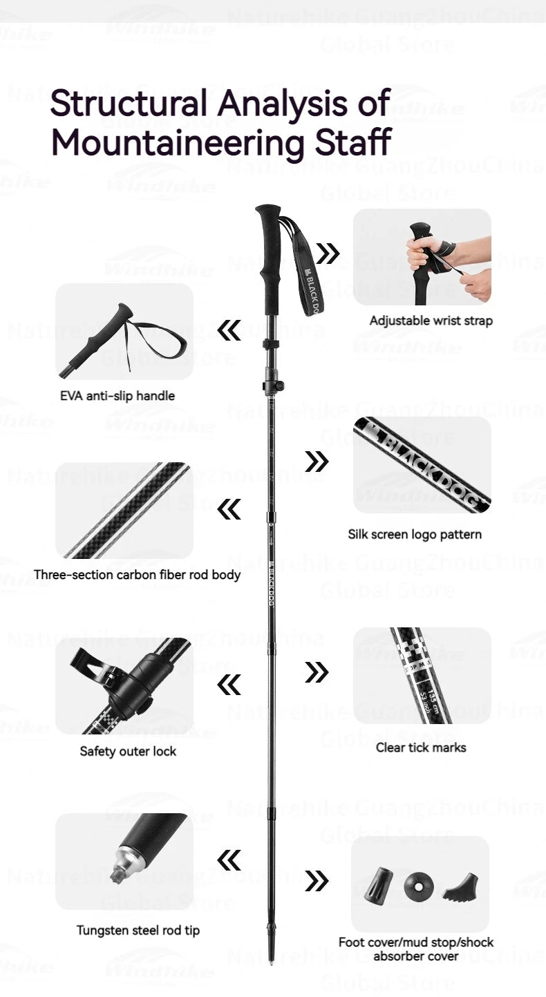 BLACKDOG Carbon Fiber Trekking Pole Portable Ultralight Three Section Folding / Telescopic Walking Hiking Anti-Skid Stick Adjustable Climbing Cane Rod 1pc