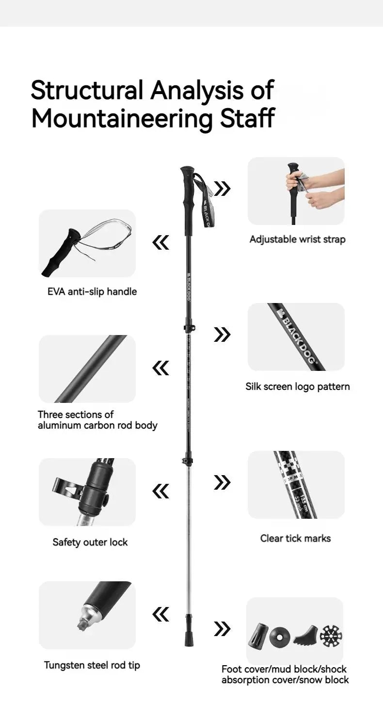 Blackdog Carbon Mountaineering Stick Portable Lightweight Aluminum Carbon Walking Sticks Trekking Pole Telescopic Hiking Canes Adjustable 3-Section Collapsible Staff