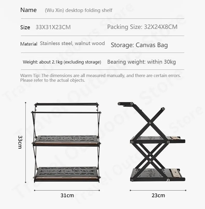 Naturehike Desktop Folding Shelf Portable Retro Camping Stainless Steel Double Storage Rack Foldable 2 Plies Waterproof Table Shelf Rack with Lamp Hook Tabletop Shelves Outdoor