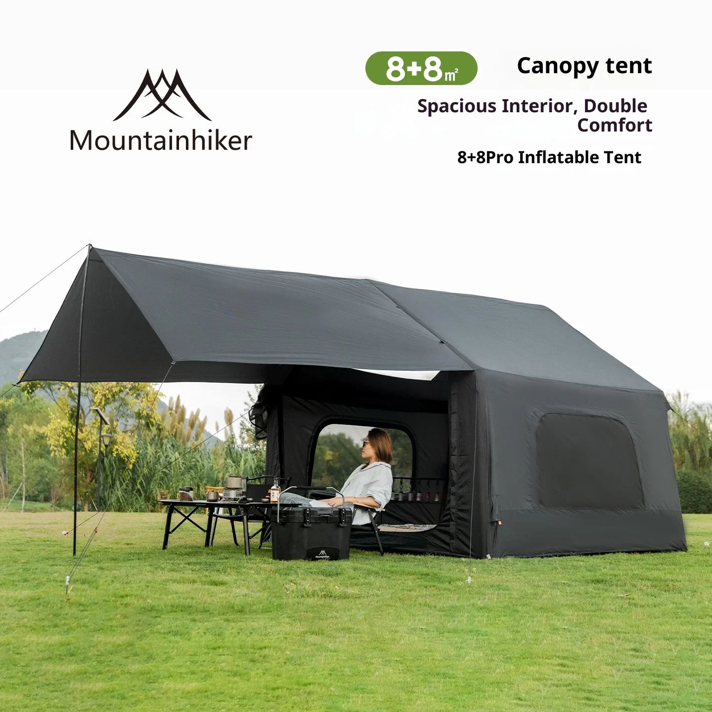 Mountainhiker AIR 8+8 PRO Inflatable Tent Spacious Interior Cabin Style 4-6 Persons Black Silver Coated Sunscreen With Extended Awning Canopy Outdoor