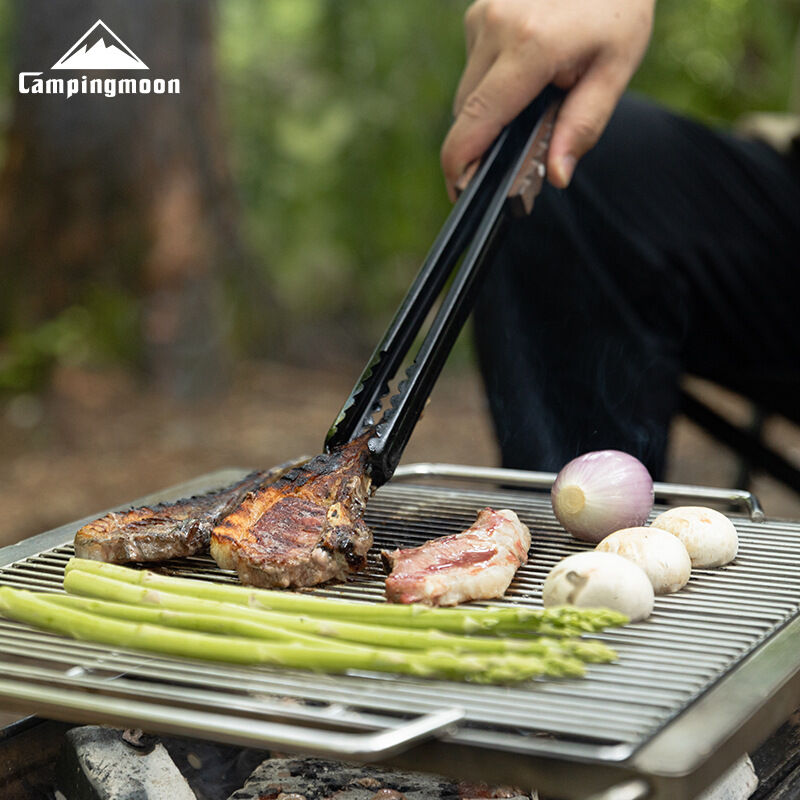 Campingmoon BKMS-40L 12-Inch Crocodile Meat Clip Stainless Steel BBQ Anti-Scalding Wooden Handle