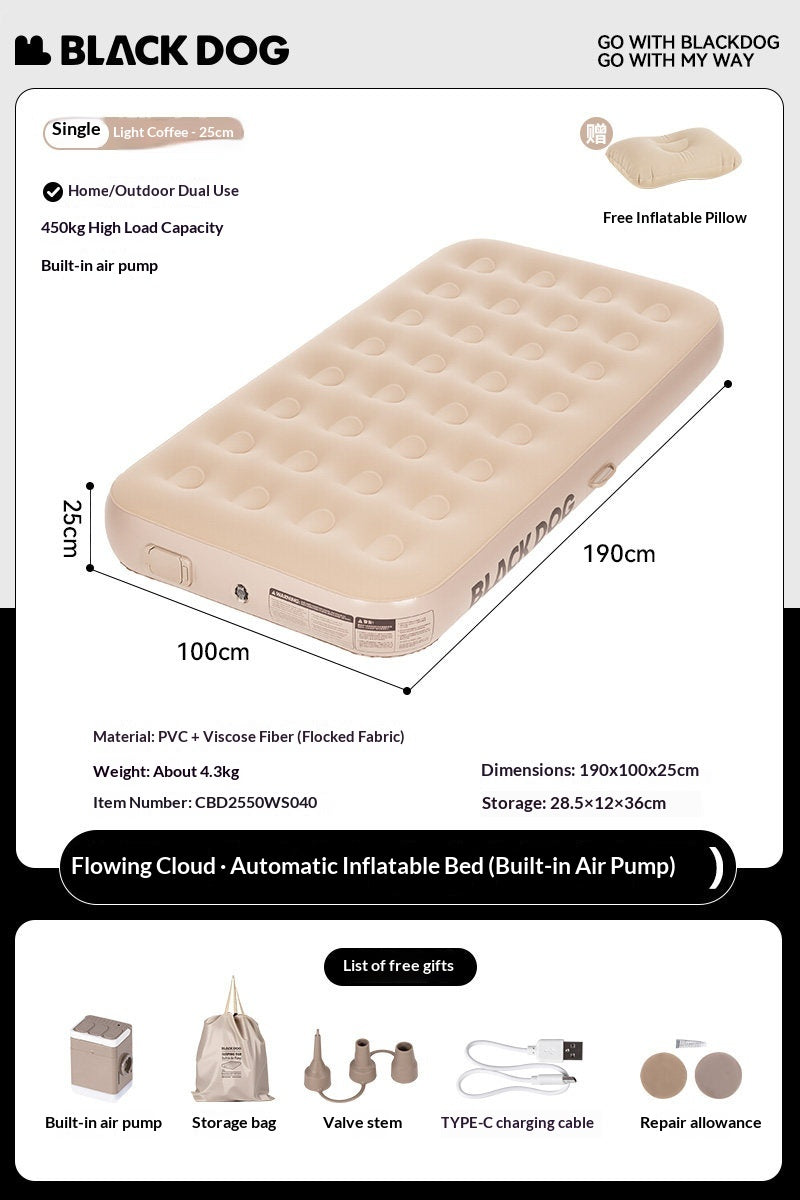 Blackdog CLOUD NEST Automatic Air Inflatable Bed Sleeping Pad 1-2 Persons Camping Home Use Single Queen Size Mattress Built-in Electric USB Charging Air Pump Lamp