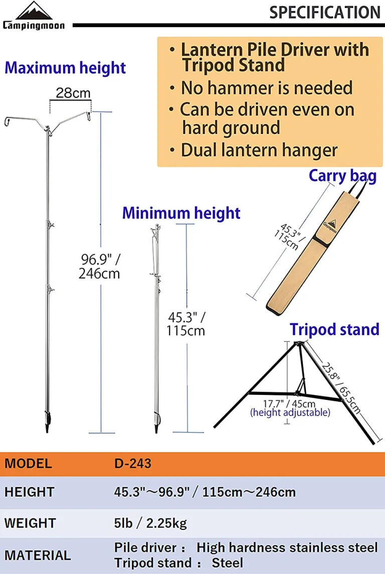 CAMPINGMOON Stainless Steel Dual Lamp Post Outdoor Camping Lantern Light Pole Adjustable Height Heavy Duty 15kg Max Load Original Tripod D-240 / D-243