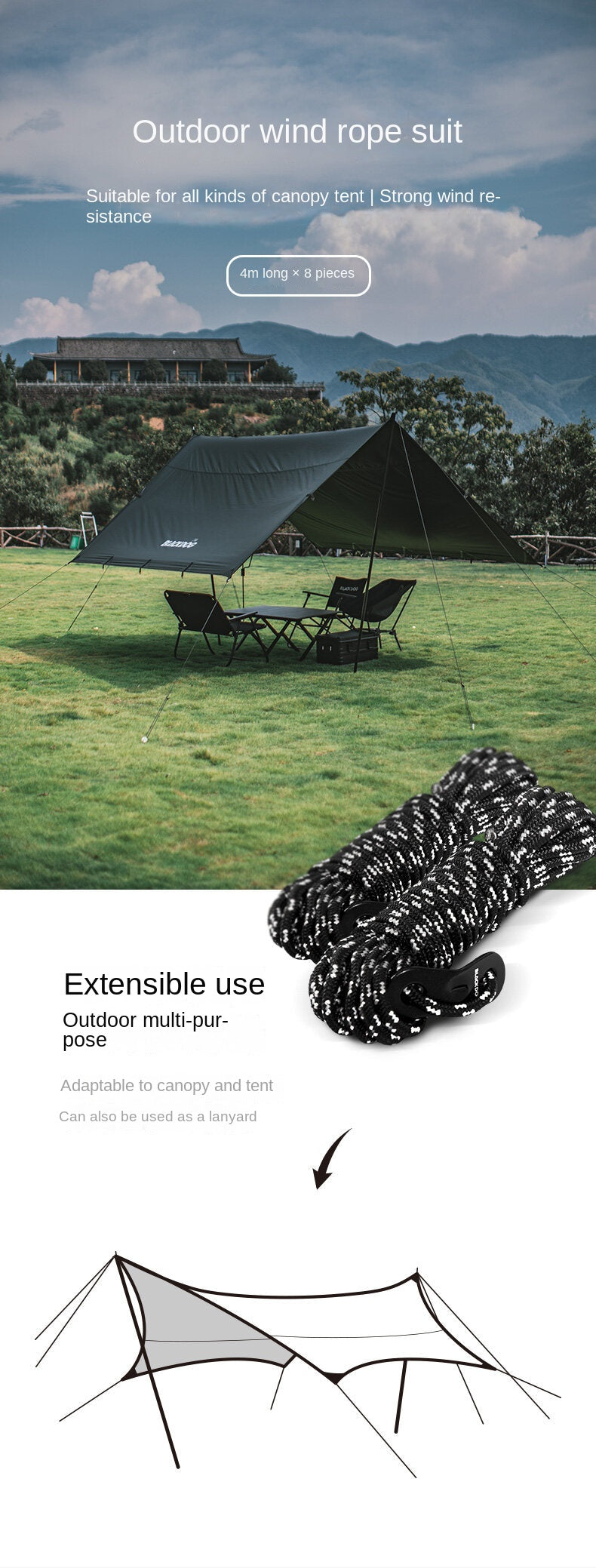 BLACKDOG Black Wind Rope 8pcs 4m Set with Buckle Tensioner Outdoor Camping Tent Tarp Awning Canopy Reflective Nylon Guy Lines 4mm String Size Pack