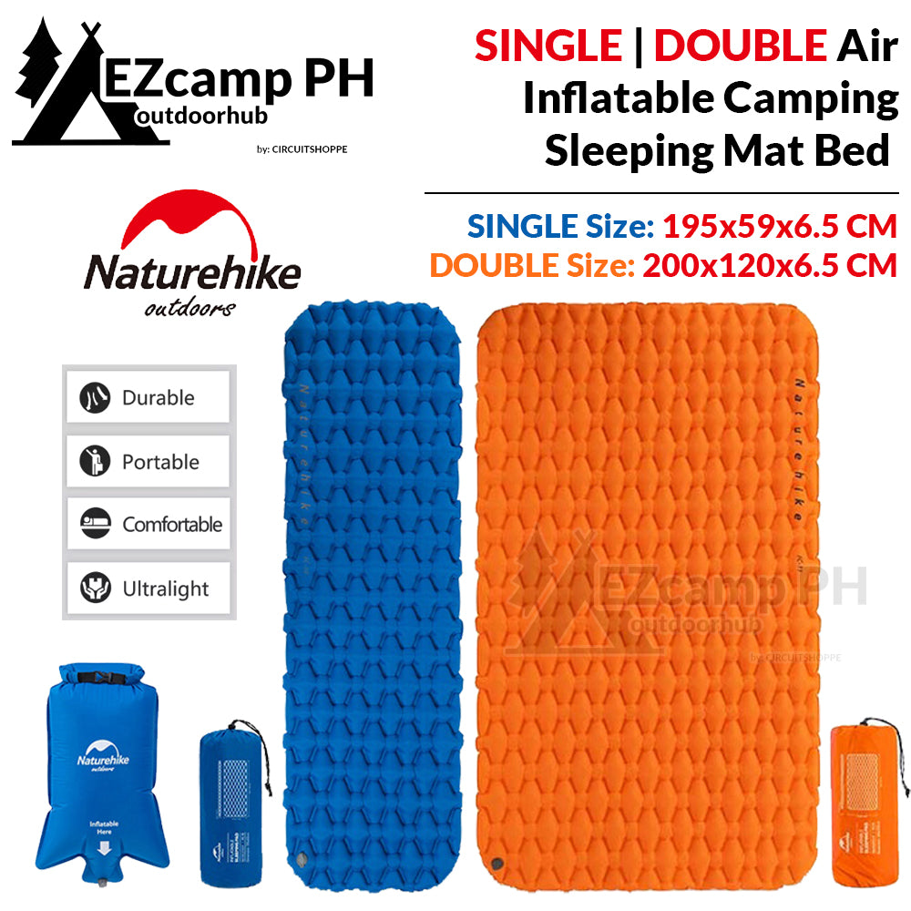 Naturehike SINGLE | DOUBLE Air Inflatable Bed Mat Outdoor Camping Tent Pad with Optional Inflate Bag Pump 6.5CM Thick Ultralight Portable Folding