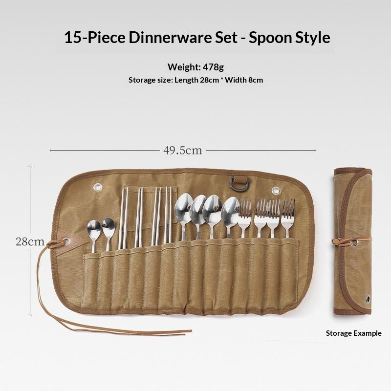 Portable Camping Cutlery Set 12/15PCS Bamboo Handle Spoon Fork Knife Chopsticks with Canvas Storage Organizer Outdoor Picnic Tableware