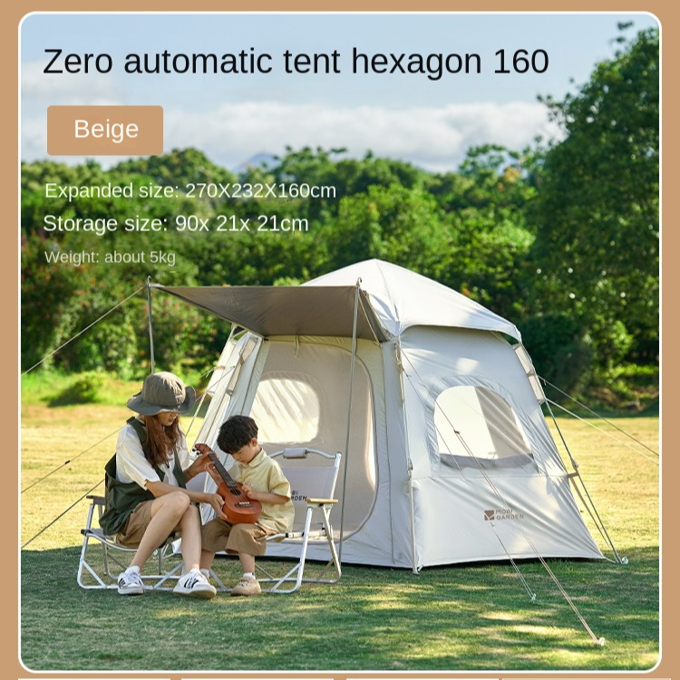 Mobi Garden ZERO MOTION Hexagonal Automatic Tent 160 Outdoor Portable Fast Open Quick Build Large 6m² for up to 4-6 Person Waterproof Black Vinyl Coated Blackout Sunscreen Mobigarden Hexagon Auto Pop up