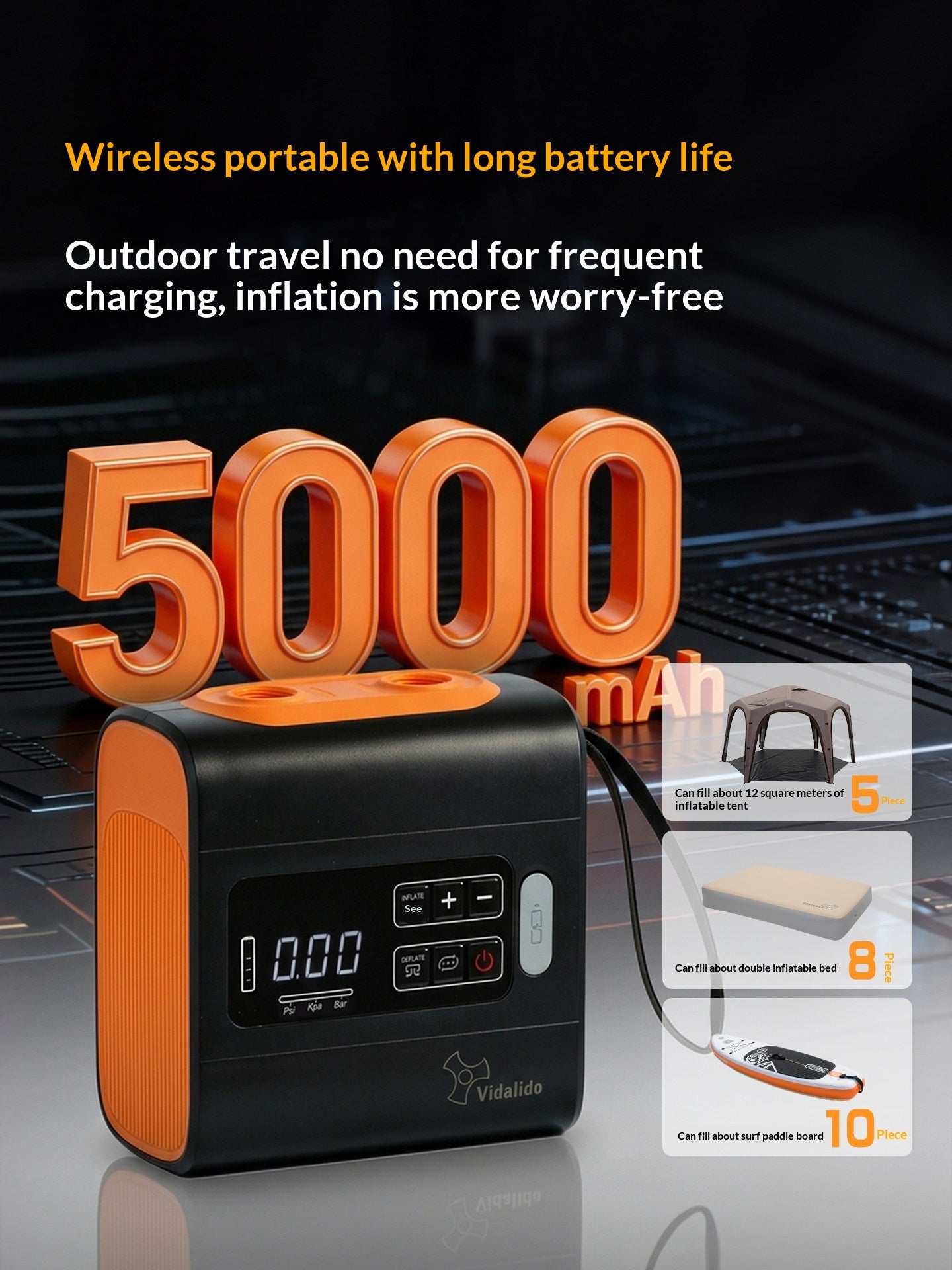 Vidalido Smart High Pressure Air Pump Portable Lightweight Automatic Inflation & Deflation Electric Air Pump Fast Charging 5000mAh Battery Outdoor Camping