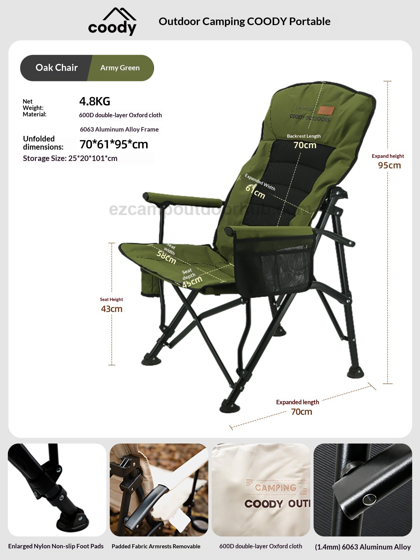 Coody OKE Relax Chair 136° Recliner Leisure Directors Chair Stable Load Bearing 150kg Triangular Cross Structure Design Aluminum Alloy Frame Outdoor