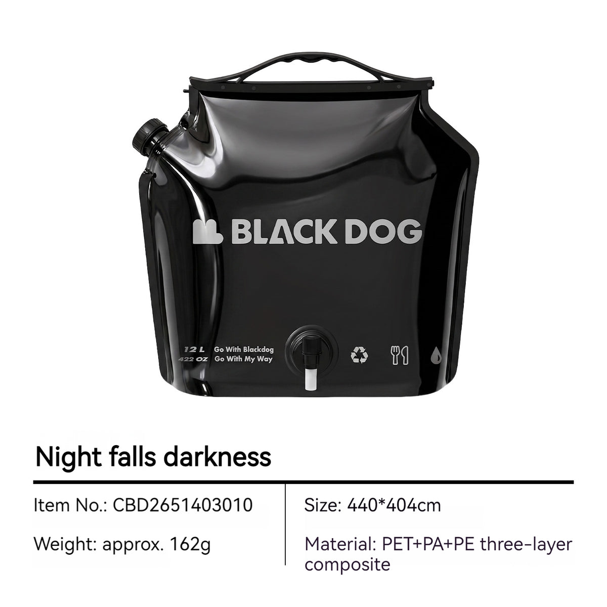 Blackdog LIGHT SPRING 12L Water Bag Portable Black Outdoor Camping Storage Bladder Bag With Faucet