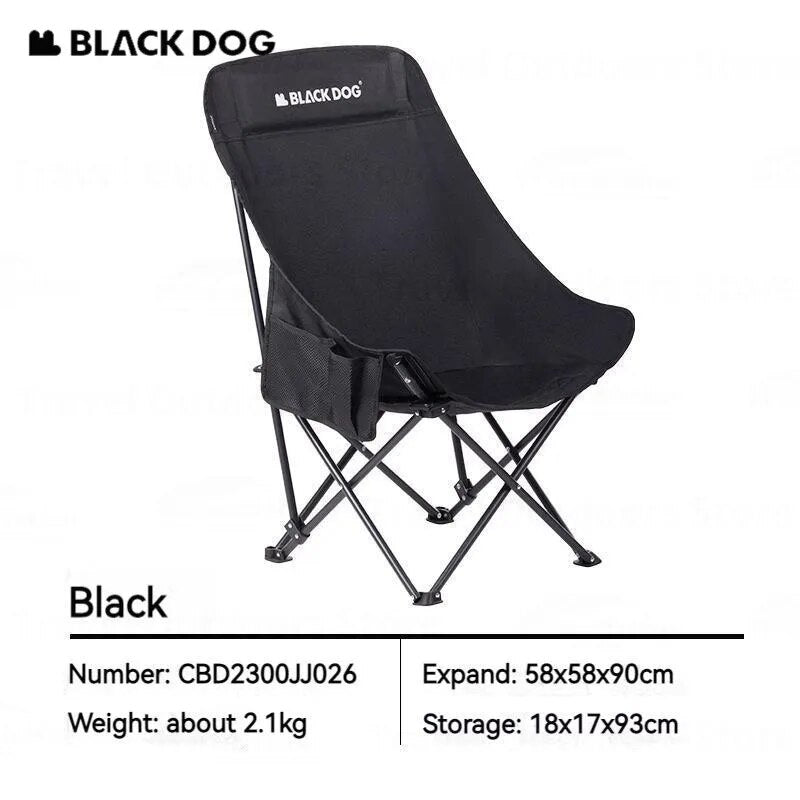 BLACKDOG Floating Moon Chair Outdoor Raised Back Portable Foldable Black Camping Chair Hiking Fishing Beach Travel Chair With Pockets Load Capacity up to 150kg Heavy Duty Original Black Dog