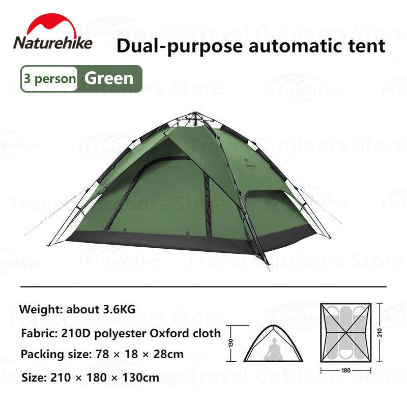 Naturehike Automatic Pop Up Camping Tent Fast Quick Build 3 and 4 Person Dome Style 210D Polyester Waterproof 3000mm Instant Auto Outdoor Shelter