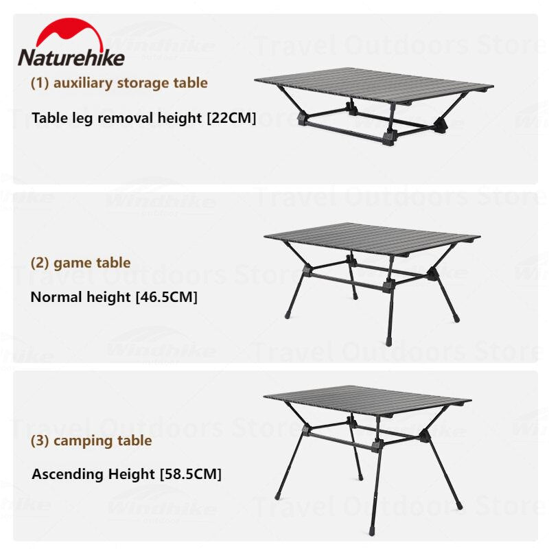 Naturehike FT12 Black Aluminum Egg Roll Camping Portable Folding Table 3 Level Height Adjustable Ultralight Heavy Duty up to 30kg Max Load Foldable Heavy Duty Outdoor Low High Lifting Table Nature Hike