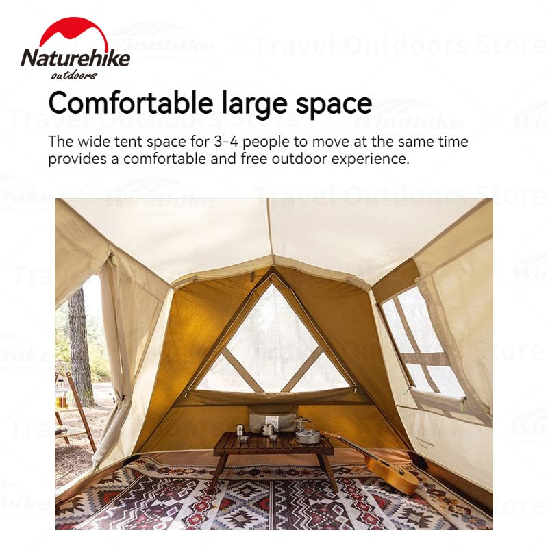 Naturehike A-TYPE Series Cabin Style Outdoor Waterproof Tent for 4 Person Automatic Poles Breathable Blended Cotton Fast Quick Easy Build Shelter