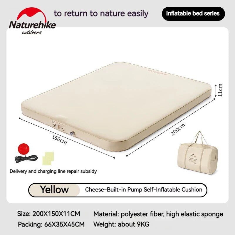 Naturehike Self Inflating Foam Sponge Mattress Portable Queen Camping 11cm Cushion Sleeping Bed Pad Built-in Battery USB Air Pump Auto Inflation