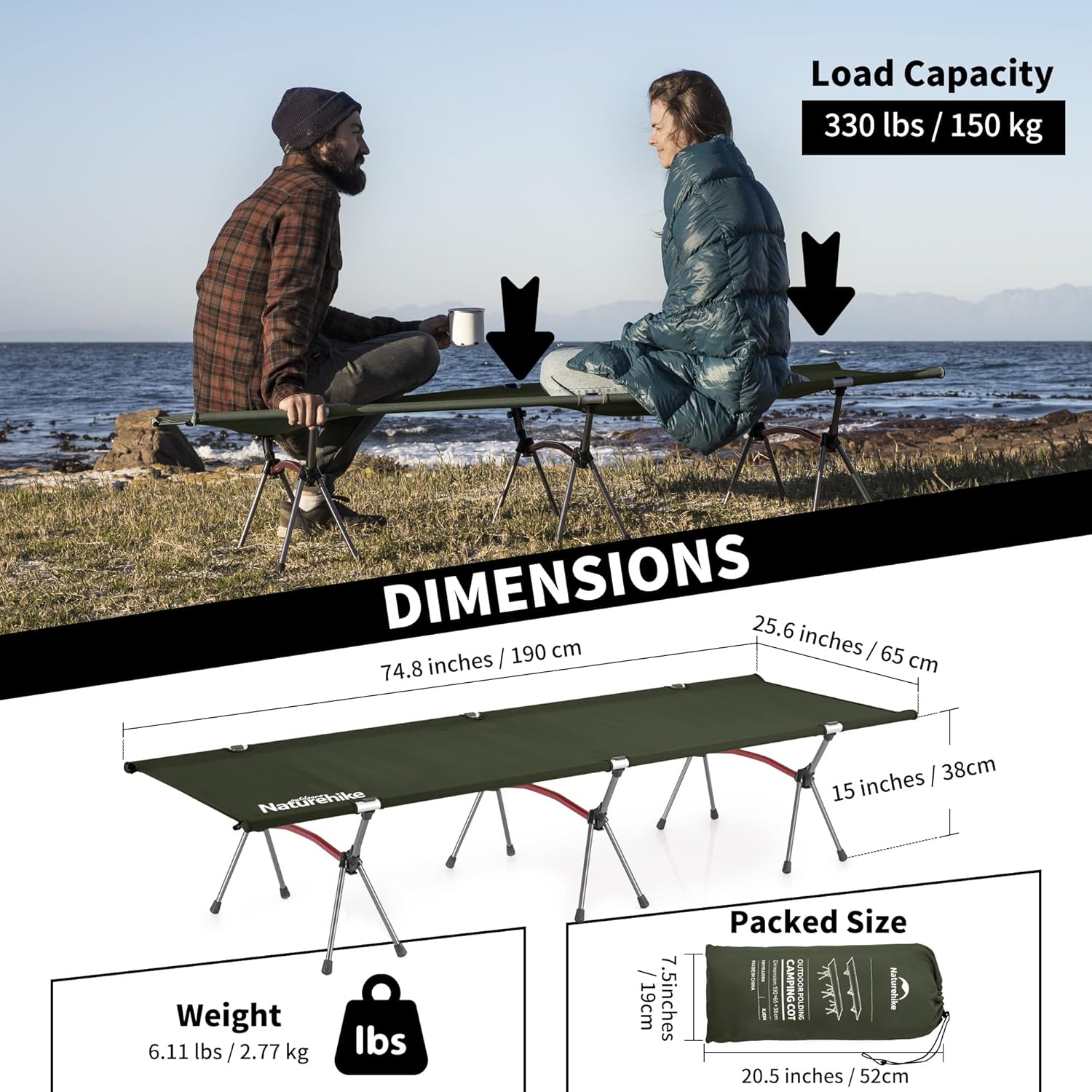 Camping Tent Naturehike Folding Outdoor Camping Bed, 2-Person