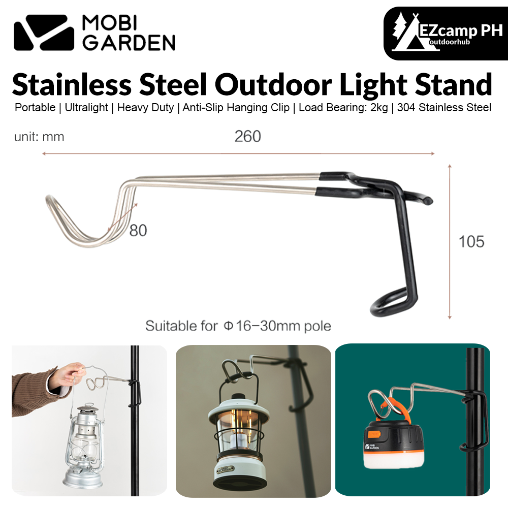 Mobi Garden Stainless Steel Outdoor Light Stand Portable Ultralight Lantern Lamp Hook Holder Pole Bracket Multifunctional Hanging Storage Rack Camping