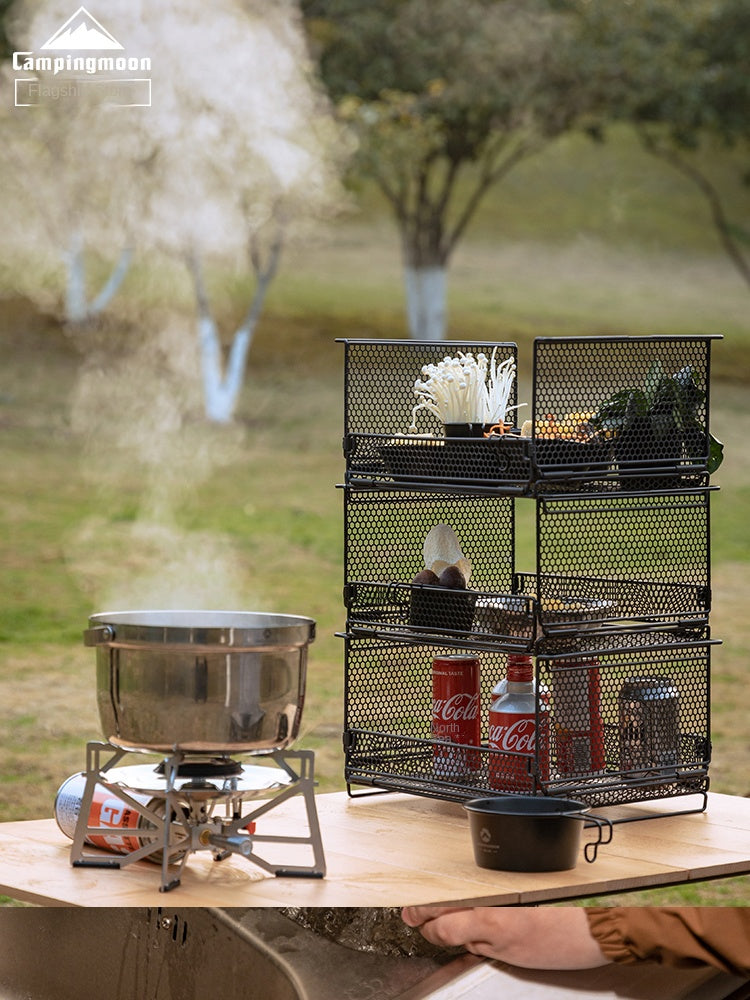 Campingmoon IGT Storage Rack Foldable Multipurpose 1 Unit Integrated Grill Table Folding Drawer Mesh Net Stackable Outdoor Camping Steel Storage Box