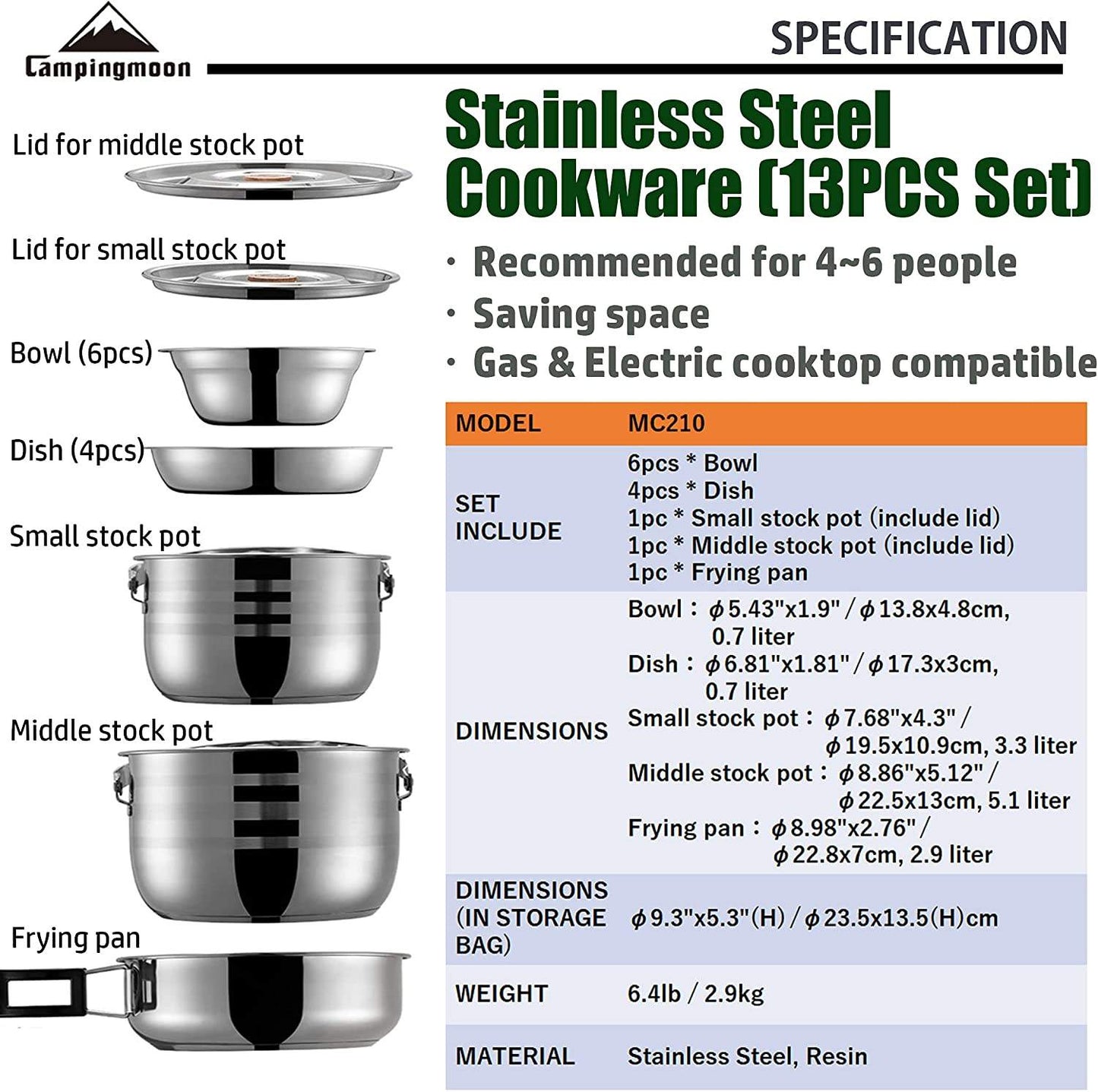 CAMPINGMOON Stainless Steel Camping Pot Set for up to 6 and 8 Person Portable Ultralight Home and Outdoor Picnic Large Cookware Pan Cooking Equipment