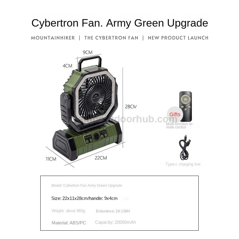 Mountainhiker Cybertron Fan v3 Portable Multipurpose Oscillating Fan Outdoor Camping 20000mAh Battery USB C Charging With Lamp Light Rugged With Wireless Remote Charging About 4-6 Hours ABS PC