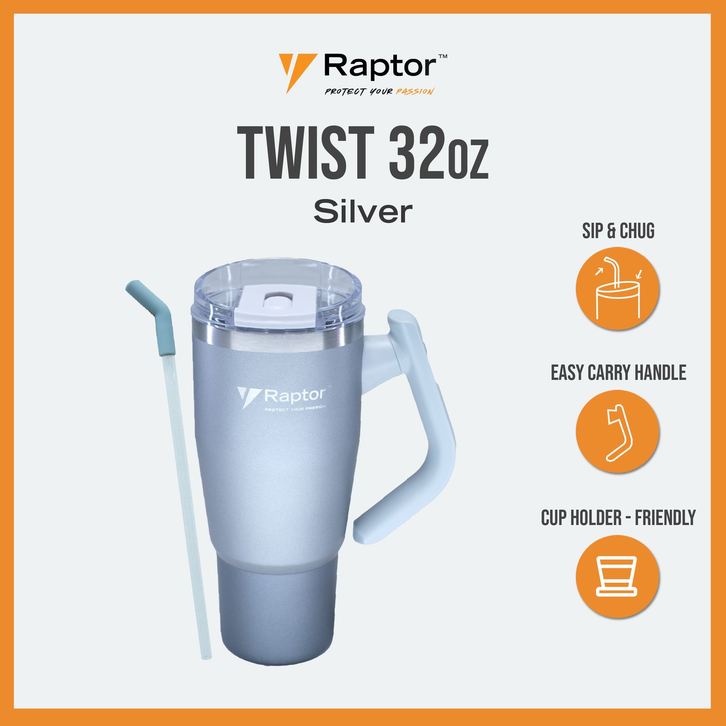 Raptor TWIST 32oz Tumbler Unique Rotating Handle Double-Wall Vacuum Insulation Cup Holder-Friendly Design Rust-Resistant Durability Drinkware