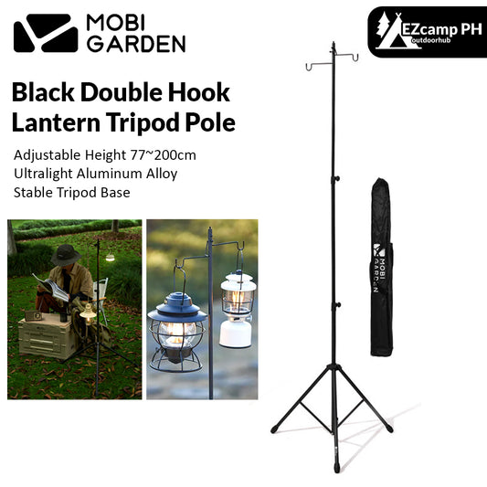 Mobi Garden Black Double Hook Lantern Tripod Pole 77-200cm Adjustable Height Ultralight Aluminum Alloy Outdoor Camping Lamp Holder Bracket Mount Light Hang Post with Storage Bag Mobigarden