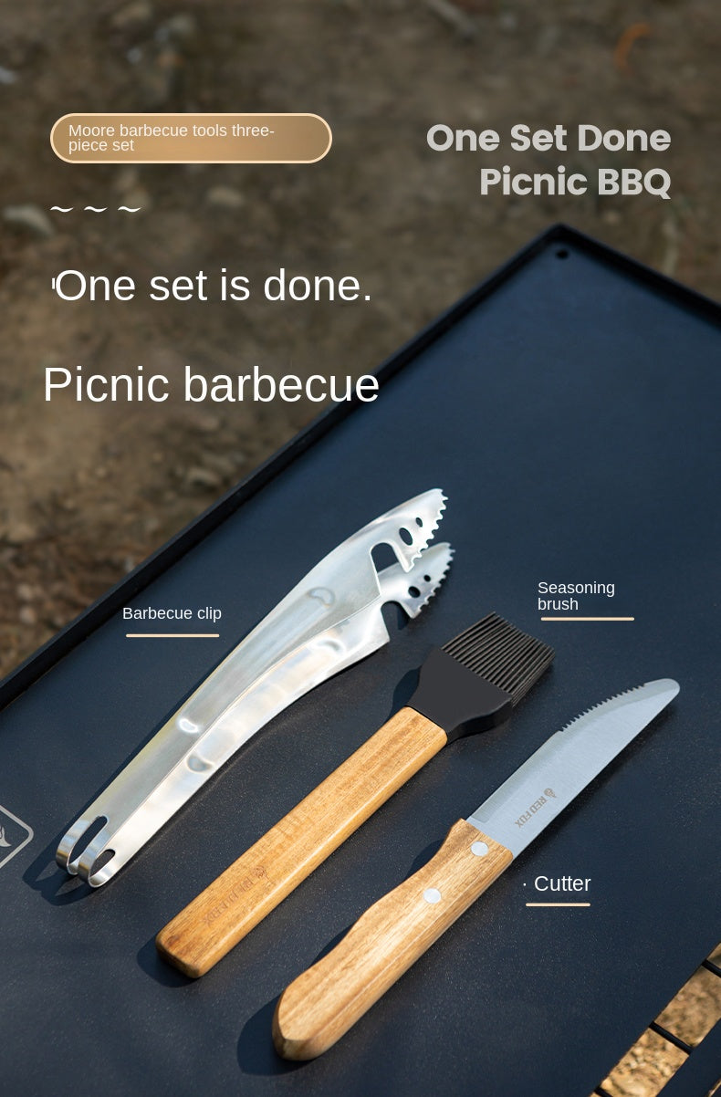 Redfox BBQ Grill Tool Set Portable Lightweight Multipurpose Knife Tong Clip Oil Brush Set For Outdoor Camping Picnic Utensil Barbecue Wood Food Grade
