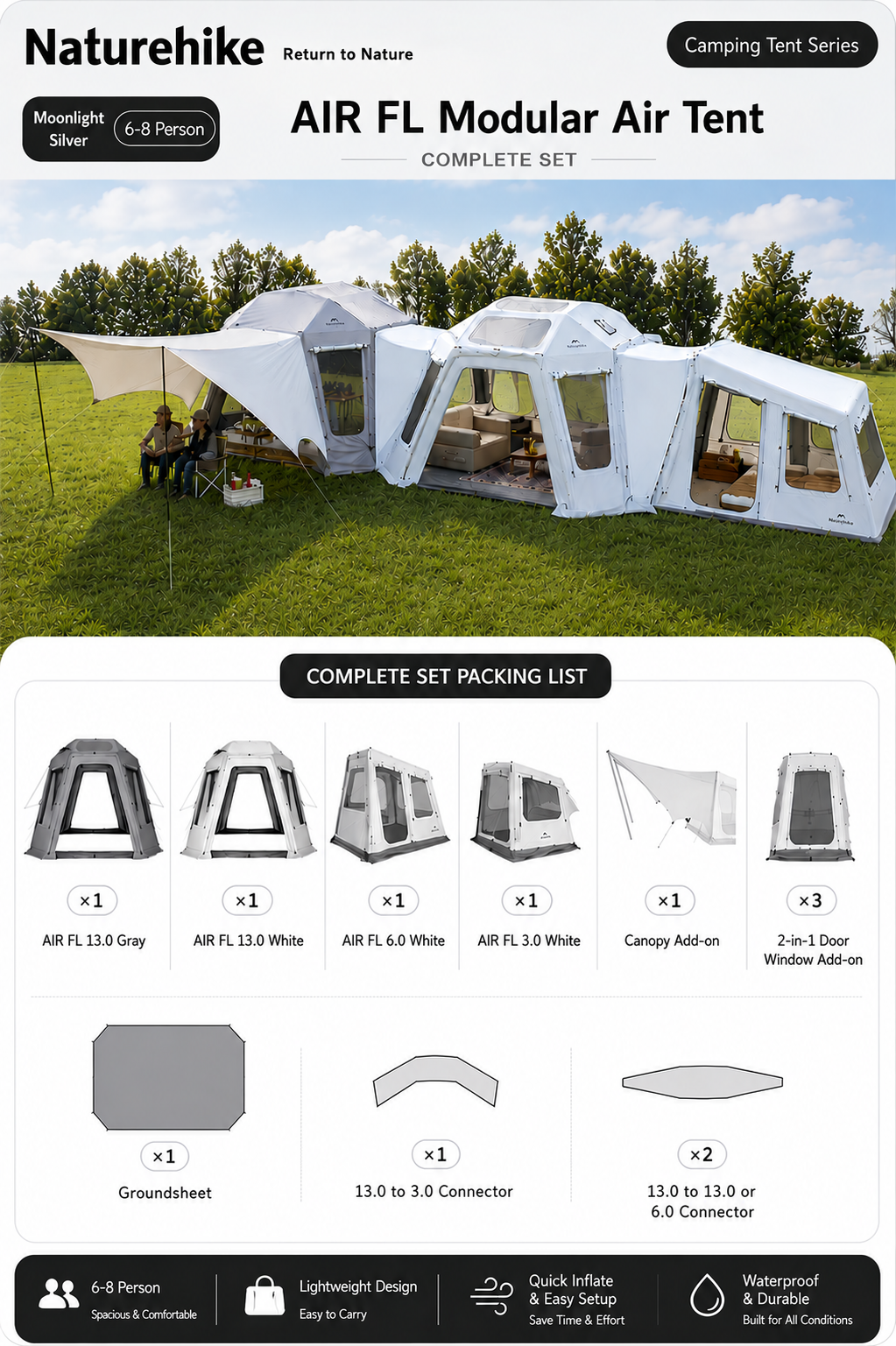 Naturehike 2026 AIR FL 13.0 / 6 0 / 3.0 Modular Tent Portable 6-8 Persons Air Inflatable Camping Tent Multiple Setups TPU Panoramic Sunroof Outdoor